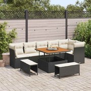vidaXL Conjunto de Sofá de Jardim com 9 Peças e Almofadas Rattan Preto Acácia
