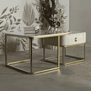 CONJUNTO DE MESAS DE CAFÉ BEAUTRY 2 PEÇAS CM 70X70X48-50X50X43,5 CREME E DOURADO