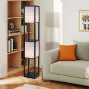 Candeeiro de pé e prateleiras de madeira 26 x 26 x 156 cm com 2 abajures com padrões recortados Luz independente com puxador e interruptor preto