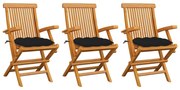 vidaXL Cadeiras de jardim c/ almofadões pretos 3 pcs teca maciça