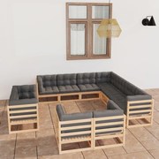 11 pcs conjunto lounge de jardim c/ almofadões pinho maciço