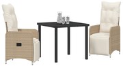 Conjunto de Jantar de Jardim 3 Peças com Almofadas Bege Rattan Poliést