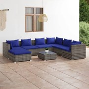 8 pcs conjunto lounge de jardim c/ almofadões vime PE cinzento