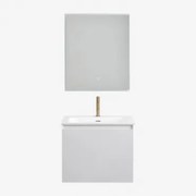 Conjunto De Móvel De Casa De Banho Suspenso Em Madeira Com Lavatório Integrado Macrae Branco & Led Retangular E Anti-embaciamento 60x70 Cm - Sklum
