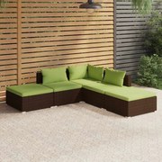 vidaXL 5 pcs conjunto lounge jardim c/ almofadões vime PE castanho