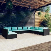 10 pcs conjunto lounge de jardim c/ almofadões vime PE preto