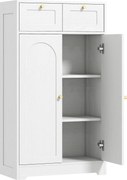 HOMCOM Armário de Casa de Banho Estreito com 2 Gavetas Prateleira Aberta e Porta com Painel Arqueado 60x30x108 cm Branco Texturizado | Aosom Portugal