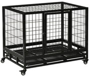 PawHut Gaiola de Metal para animais de estimação tipo trasportadora para Cão Grande com Rodas e Bandejas Removível 92x62x75cm Preto | Aosom Portugal