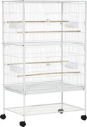 PawHut Gaiola para Pássaros com Rodas Bandeja Amovível 4 Portas Comedouros e Prateleira de Armazenamento 78x52x132cm Branco | Aosom Portugal
