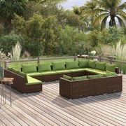 13 pcs conjunto lounge de jardim c/ almofadões vime PE castanho