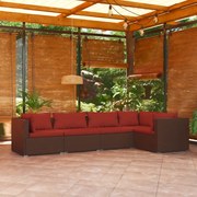 5 pcs conjunto lounge de jardim c/ almofadões vime PE castanho