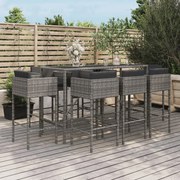 vidaXL 9 pcs conjunto de bar p/ jardim c/ almofadões vime PE cinzento