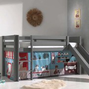 Cama alta de Criança PINO 90 x 200 cm + estrado + escada + escorrega + cortina Animais Cinzenta