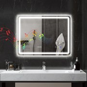 Espelho de Casa de Banho com Luz LED 80x60 cm Bluetooth 3 Cores de Luz Relógio Digital Função Antiembaciamento Memória Prata