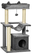 PawHut Arranhador para Gatos de 3 Níveis com Caverna Rede Plataforma Bolas Suspensas e Poste de Sisal 48x48x90 cm Cinza