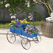 Carrinho floreira de madeira decorativo com rodas e 2 secções para plantas Jardim Pátio 62 x 34 x 60 cm Azul