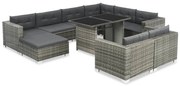 10 pcs conjunto lounge de jardim c/ almofadões vime PE cinzento