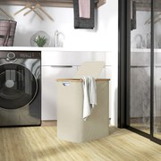 Cesto de roupa suja dobrável de dupla camada, 80 L, 54 x 34 x 58,5 cm com tampa e pegas ranhuradas, bege