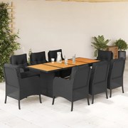 9 pcs conjunto de jantar p/ jardim c/ almofadões vime PE preto