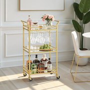 Carrinho de serviço bar com garrafeira com 3 níveis, com rodas 30 x 46,8 x 92 cm dourado