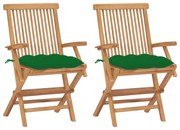 vidaXL Cadeiras de jardim c/ almofadões verdes 2 pcs teca maciça