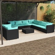 10 pcs conjunto lounge de jardim c/ almofadões vime PE preto