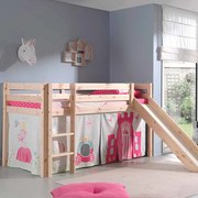 Conjunto Cama alta de Criança PINO 90 x 200 cm + estrado + escada + escorrega + cortina Princesa Natural