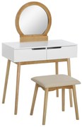 HOMCOM Penteadeira estilo Escandinavo Mesa de Maquiagem com Espelho 2 Gavetas e Banco Branco Pinho Claro | Aosom Portugal