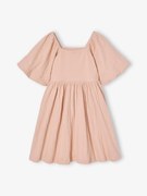 Vestido de cerimónia aos favos, em tecido com relevo, para menina rosa-pálido