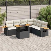 vidaXL 7 pcs conjunto sofás jardim c/ almofadões vime PE/acácia preto