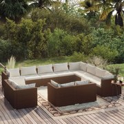 12 pcs conjunto lounge de jardim c/ almofadões vime PE castanho