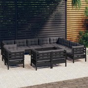 12 pcs conjunto lounge jardim c/ almofadões pinho maciço preto