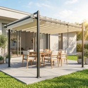 Pérgola de Jardim 3x3,8 m com Toldo Corrediço Ajustável a 90° Manivela, Estrutura de Alumínio e Aço UPF50+ Bege
