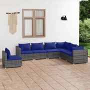 7 pcs conjunto lounge de jardim c/ almofadões vime PE cinza