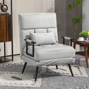 Poltrona convertível 3 em 1 em cama individual com encosto reclinável em 5 posições, braços e almofada, tecido com efeito de veludo, cinzento