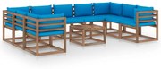 10 pcs conjunto lounge para jardim com almofadões azul-claro