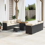 vidaXL Conjunto de Sofá de Jardim com 11 Peças e Almofadas em Rattan Sintético Preto e Acácia.