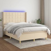 vidaXL Cama box spring c/ colchão e LED 140x200 cm tecido cor creme