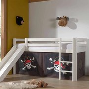 Cama alta de Criança PINO 90 x 200 cm + estrado + escada + escorrega + cortina Piratas das Caraibas Branca