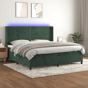 Cama box spring c/ colchão/LED 200x200 cm veludo verde-escuro