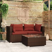 3 pcs conjunto lounge jardim c/ almofadões vime PE castanho