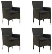 vidaXL Cadeiras de jardim com almofadões 4 pcs vime PE preto
