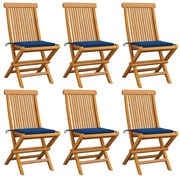 vidaXL Cadeiras de jardim c/ almofadões azul real 6 pcs teca maciça