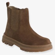 Botas em pele com elástico e fecho, para menina  camelo