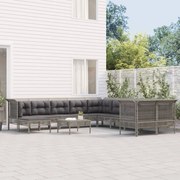 11 pcs conjunto lounge de jardim c/ almofadões vime PE cinzento
