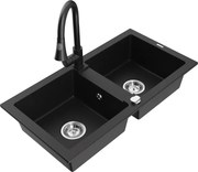 Mexen Mario lava-loiça de granito com 2 cubas com torneira de cozinha Elia, preto - 6504-77-670101-70