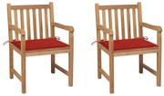 vidaXL Cadeiras de jardim c/ almofadões vermelhos 2 pcs teca maciça