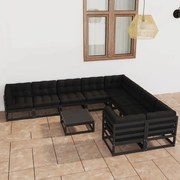 10 pcs conjunto lounge jardim c/ almofadões pinho maciço preto