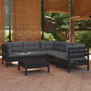 6 pcs conjunto lounge jardim c/ almofadões pinho maciço preto