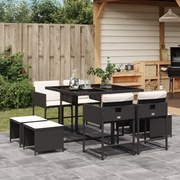 9 pcs conjunto de jantar p/ jardim c/ almofadões vime PE preto